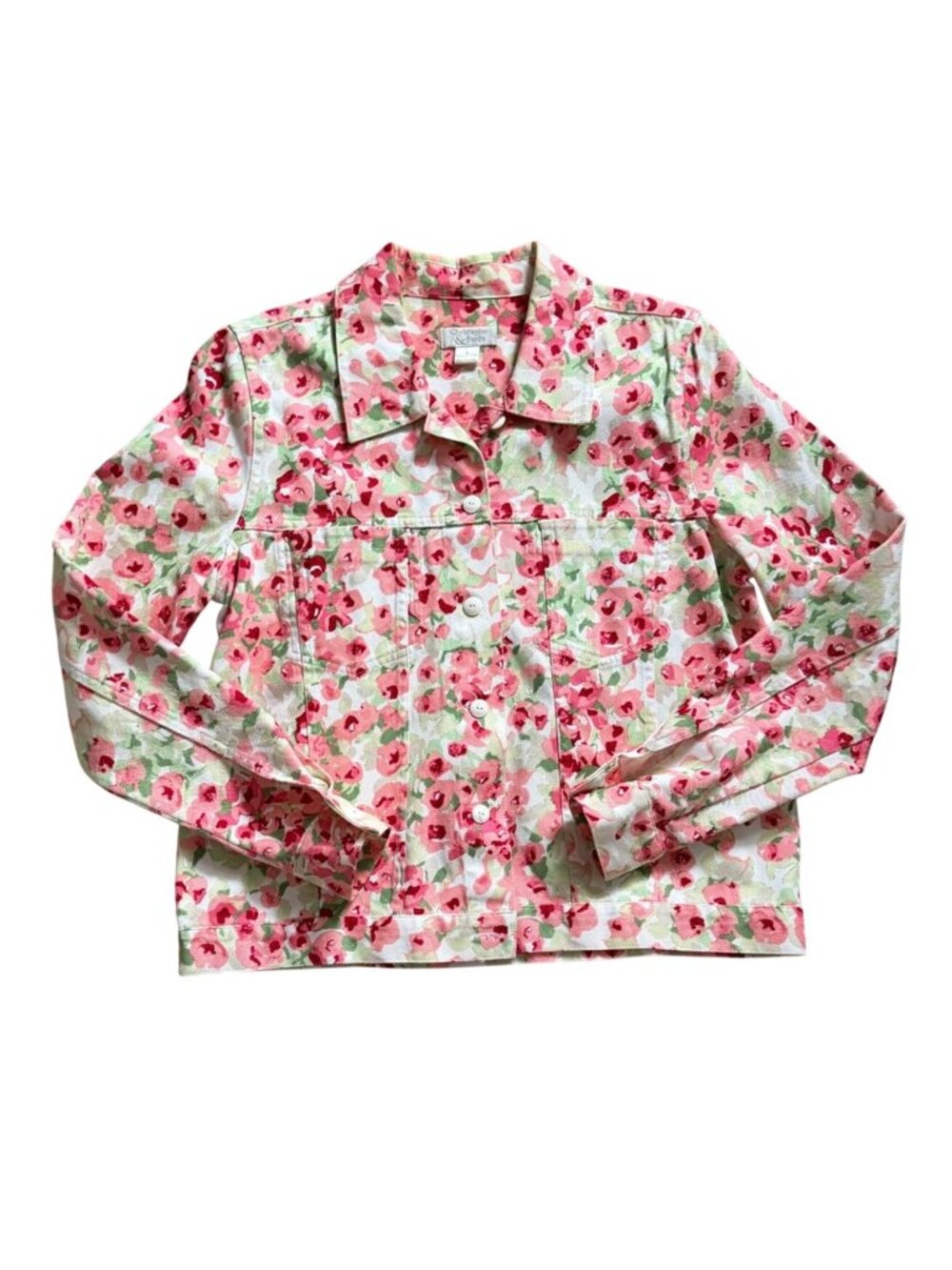 Christopher & Banks Floral Print Cropped Jean-Style Jacket-Pink/White-S-GUC